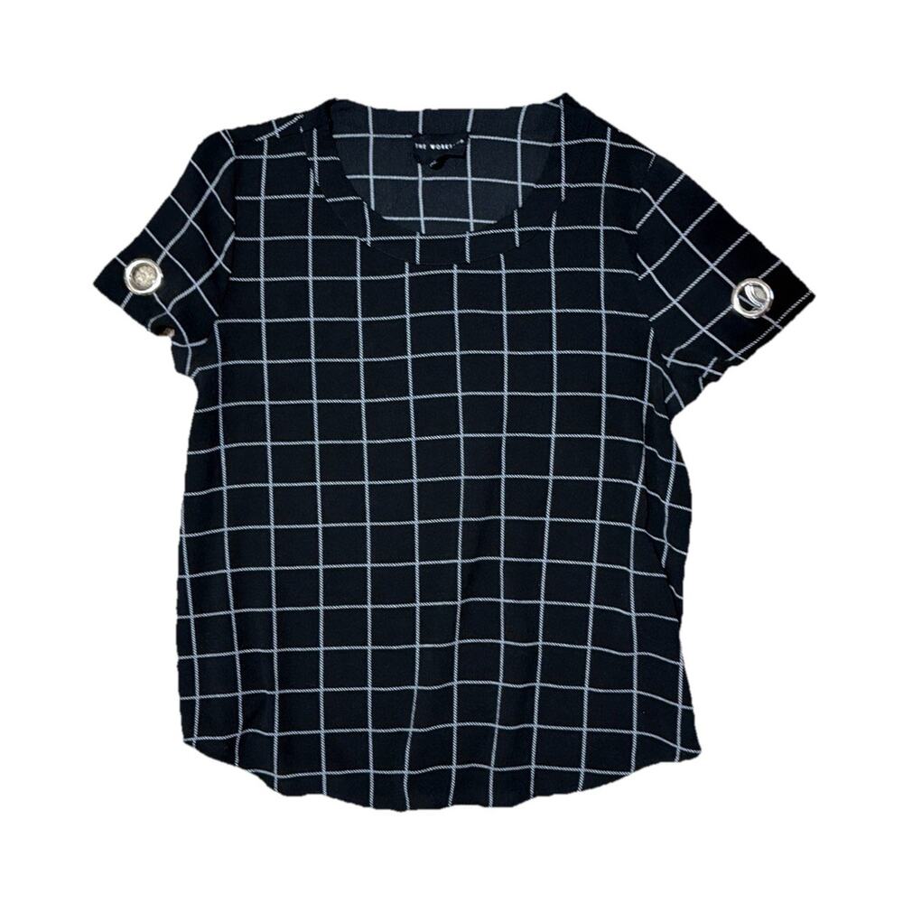 The Workshop Grid Print Top Sz Small Black White Grommet Sleeve Blouse Shirt